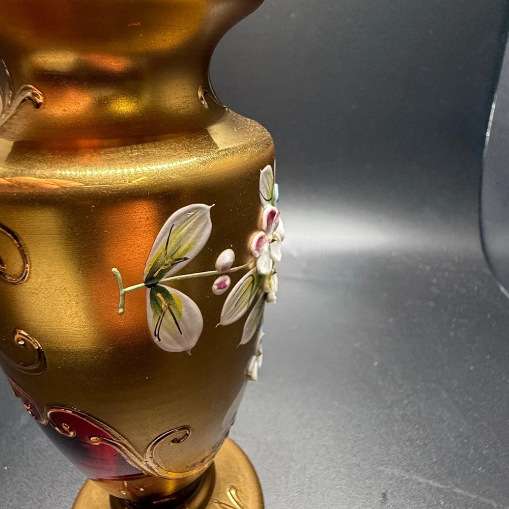 Bohemia Crystal Ruby Red‎ Glass Vase Gold Hand Painted Floral 6.75in Czech